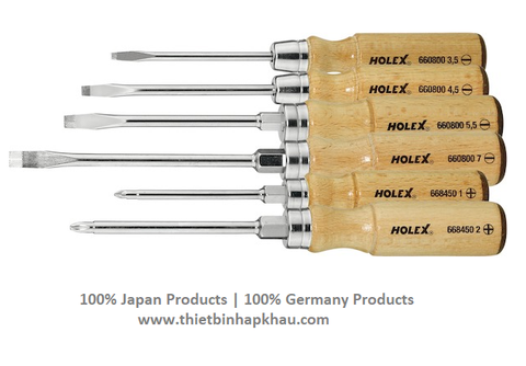  Bộ tua vít với tay cầm bằng gỗ, đầu cắm 6 mảnh, đầu nối 4/2. Screwdriver set, with wooden handle, 6-piece Slot-head and Phillips 4/2. Code: 3.10.400.0175 | www.thietbinhapkhau.com | Công ty PQ 