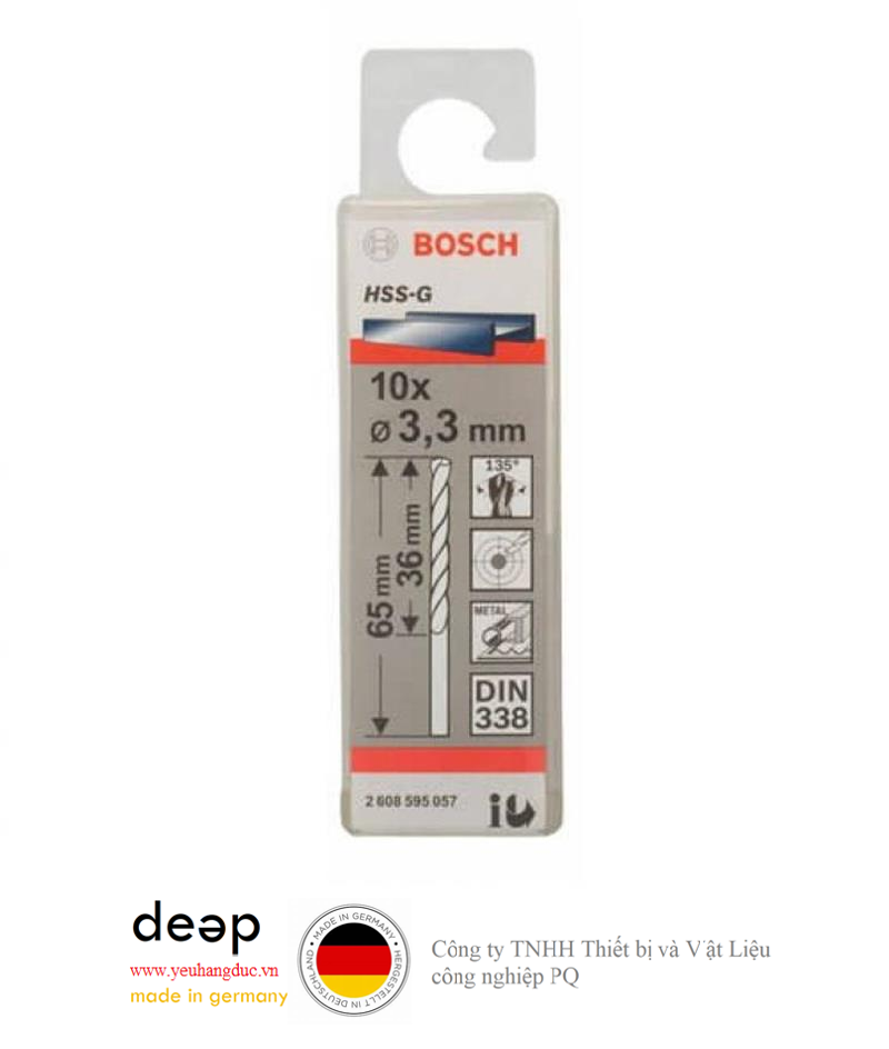 Bộ 10 mũi khoan sắt HSS-G Bosch 3.3mm 2608595057   Piqi3 | Www.Thietbinhapkhau.Com | Công Ty PQ 