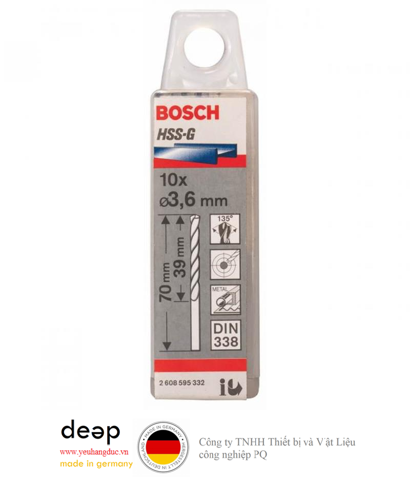 Bộ 10 mũi khoan sắt HSS-G Bosch 3.6mm 2608595332   Piqi3 | Www.Thietbinhapkhau.Com | Công Ty PQ 