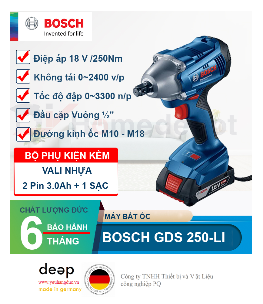 Máy bắt ốc động lực pin Bosch GDS 250-LI   Piqi4 | Www.Thietbinhapkhau.Com | Công Ty PQ 