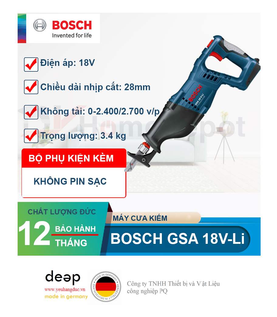 Máy cưa kiếm dùng pin Bosch GSA 18V-LI (solo)   Piqi4 | Www.Thietbinhapkhau.Com | Công Ty PQ 