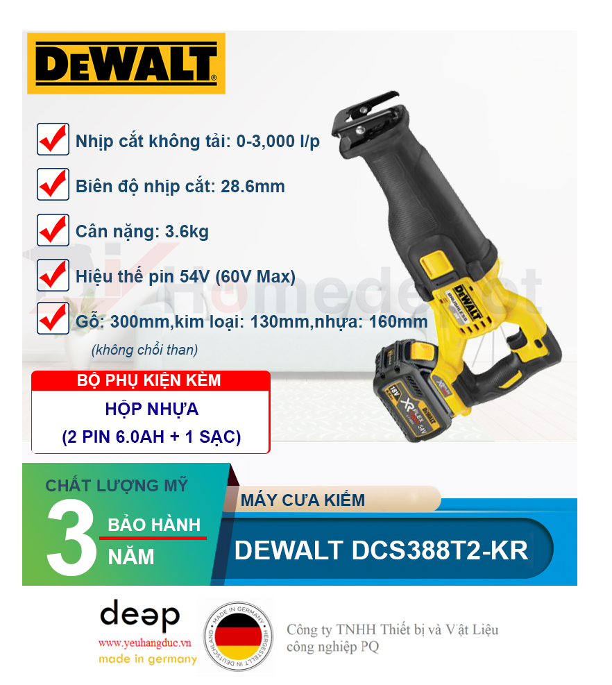 Máy cưa kiếm dùng pin Dewalt DCS388T2-KR   Piqi4 | Www.Thietbinhapkhau.Com | Công Ty PQ 