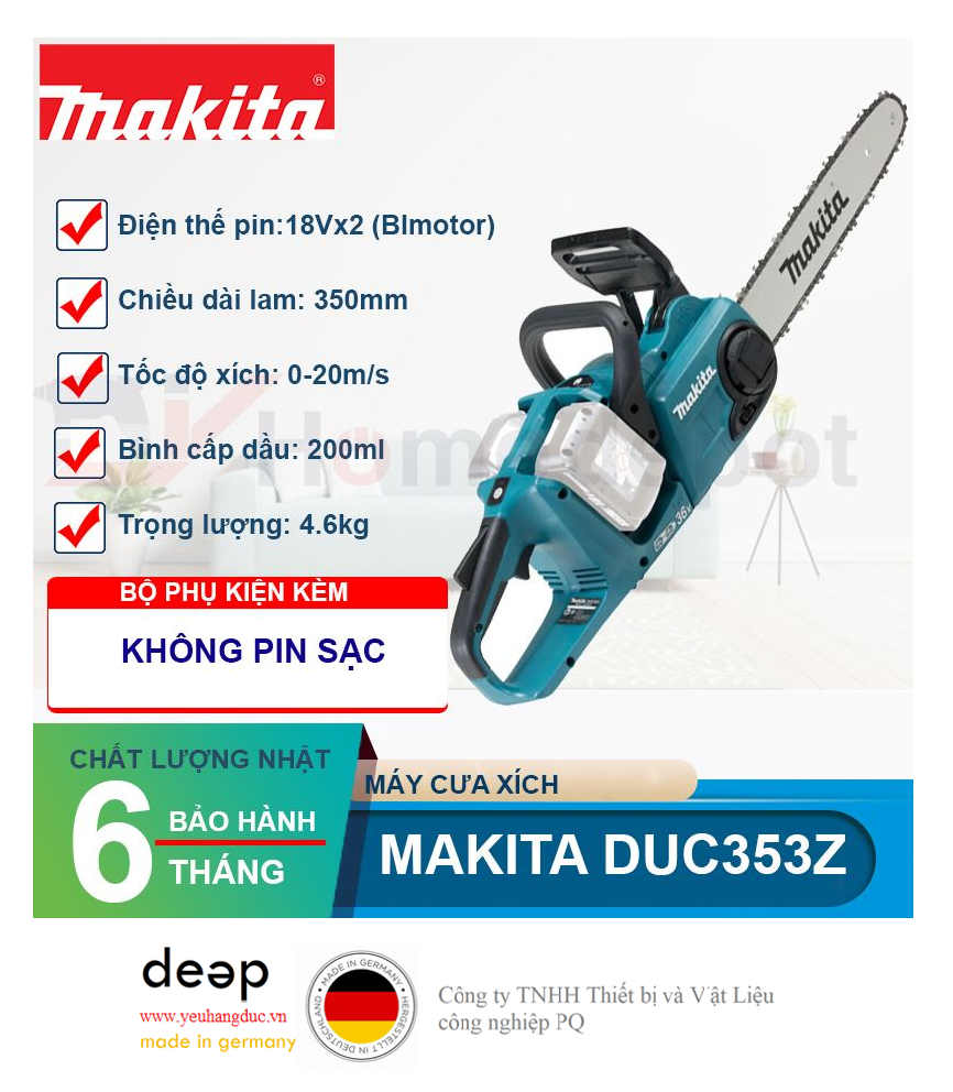Máy cưa xích dùng pin Makita DUC353Z   Piqi4 | Www.Thietbinhapkhau.Com | Công Ty PQ 