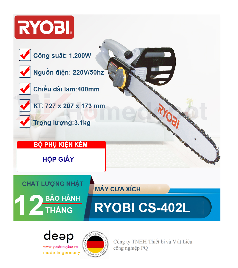 Máy cưa xích Ryobi CS-402L 1200W   Piqi4 | Www.Thietbinhapkhau.Com | Công Ty PQ 