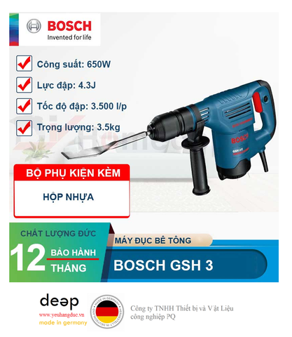  Máy đục bê tông Bosch GSH 3 650W   Piqi4 | Www.Thietbinhapkhau.Com | Công Ty PQ 