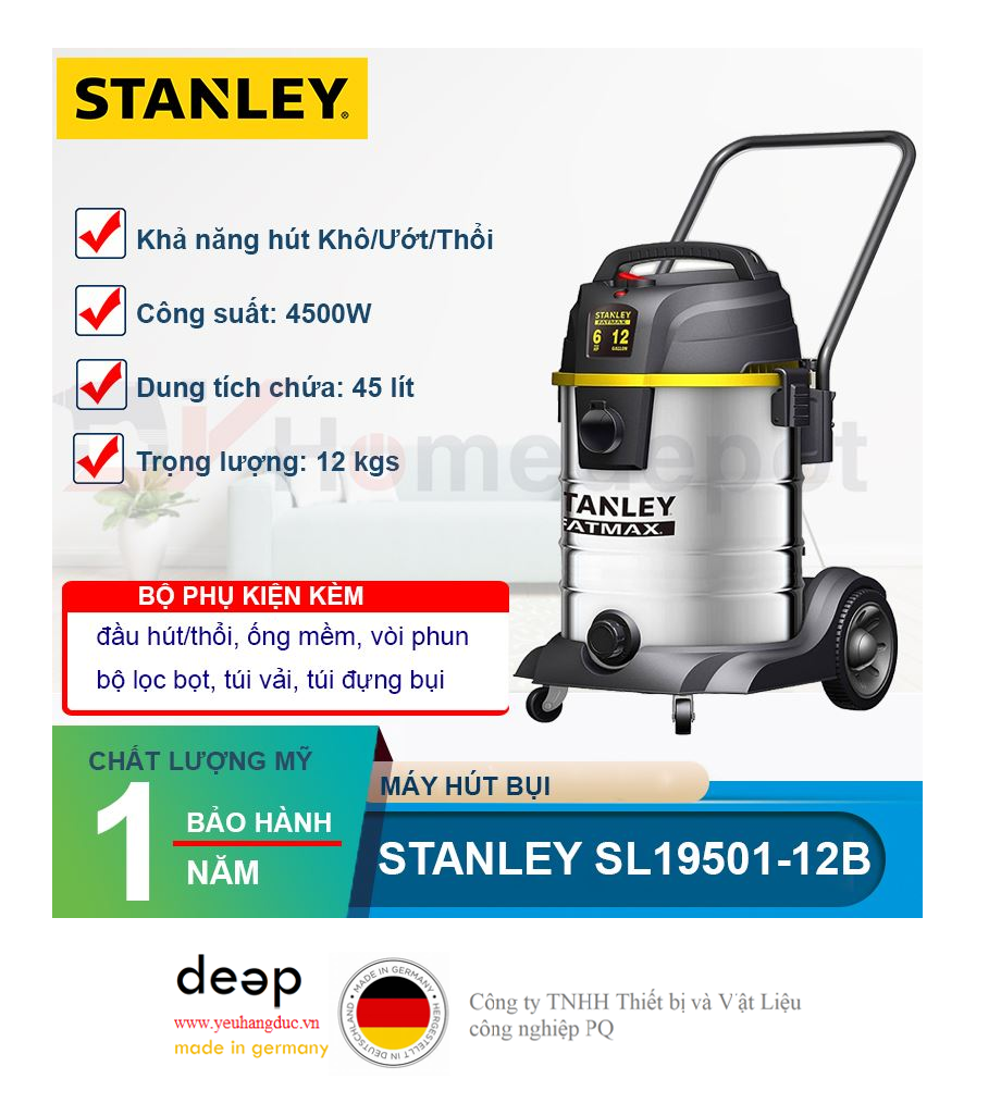 Máy hút bụi công nghiệp khô và ướt Stanley SL19501-12B   Piqi4 | Www.Thietbinhapkhau.Com | Công Ty PQ 