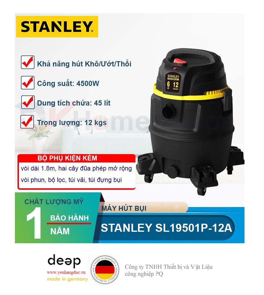 Máy hút bụi công nghiệp khô và ướt Stanley SL19501P-12A   Piqi4 | Www.Thietbinhapkhau.Com | Công Ty PQ 