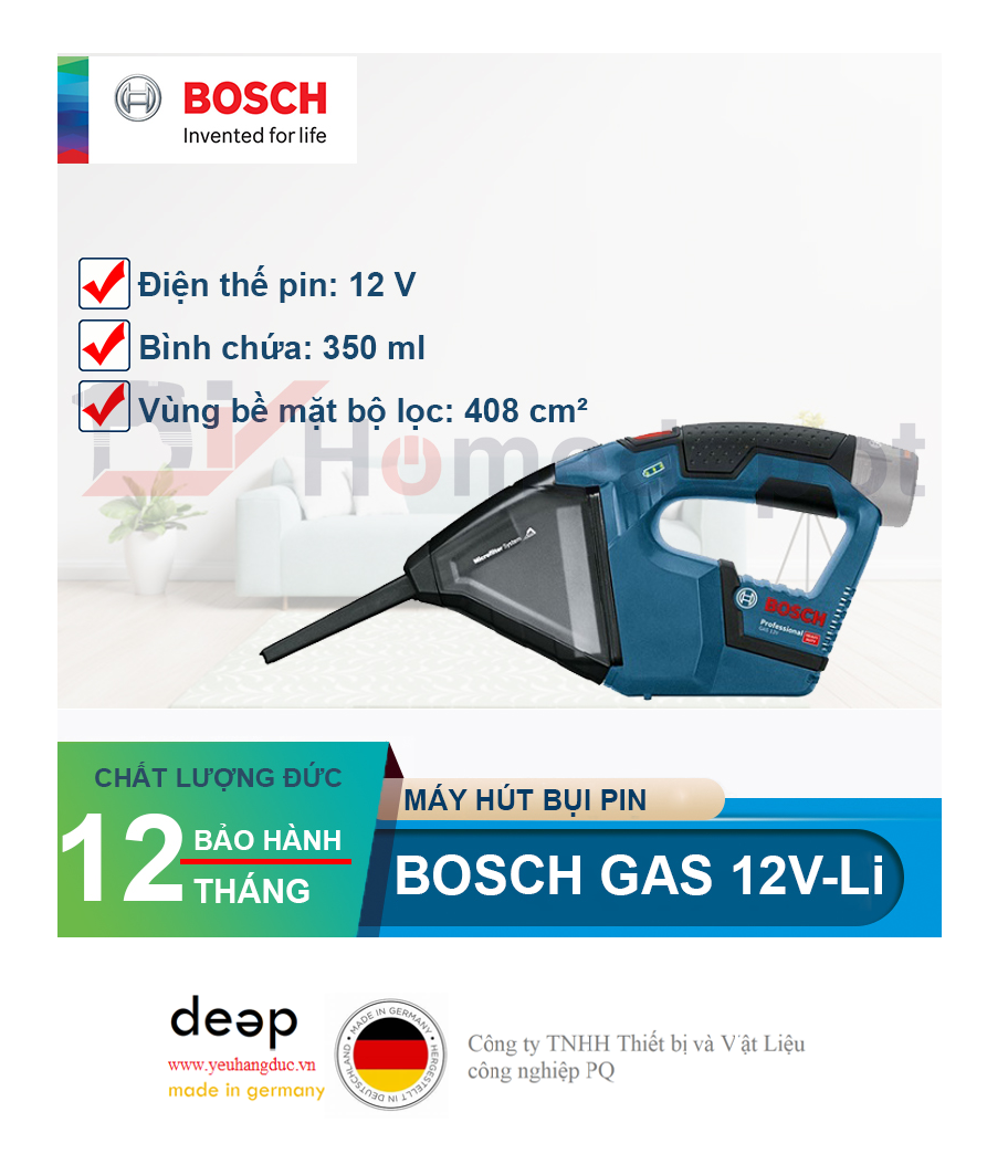 Máy hút bụi dùng pin Bosch GAS 12V-LI (Solo)   Piqi4 | Www.Thietbinhapkhau.Com | Công Ty PQ 