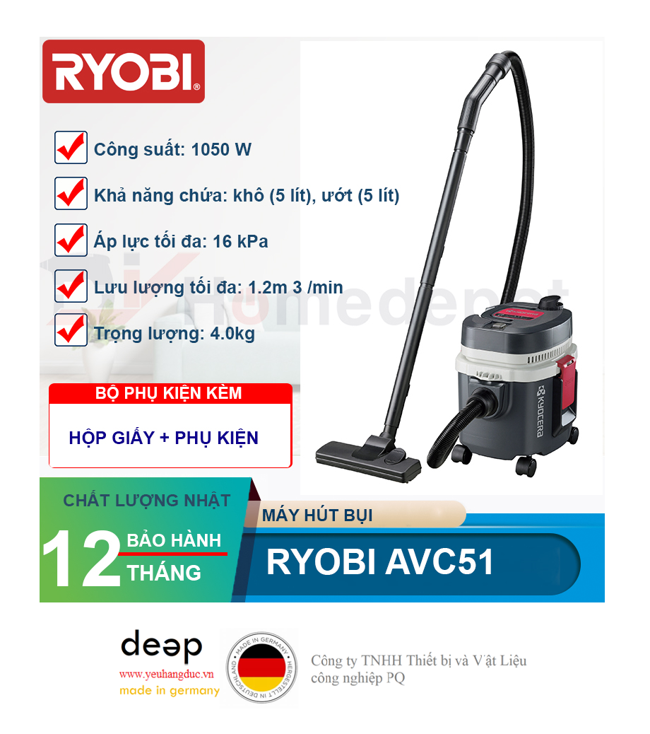 Máy hút bụi khô và ướt Ryobi AVC51   Piqi4 | Www.Thietbinhapkhau.Com | Công Ty PQ 
