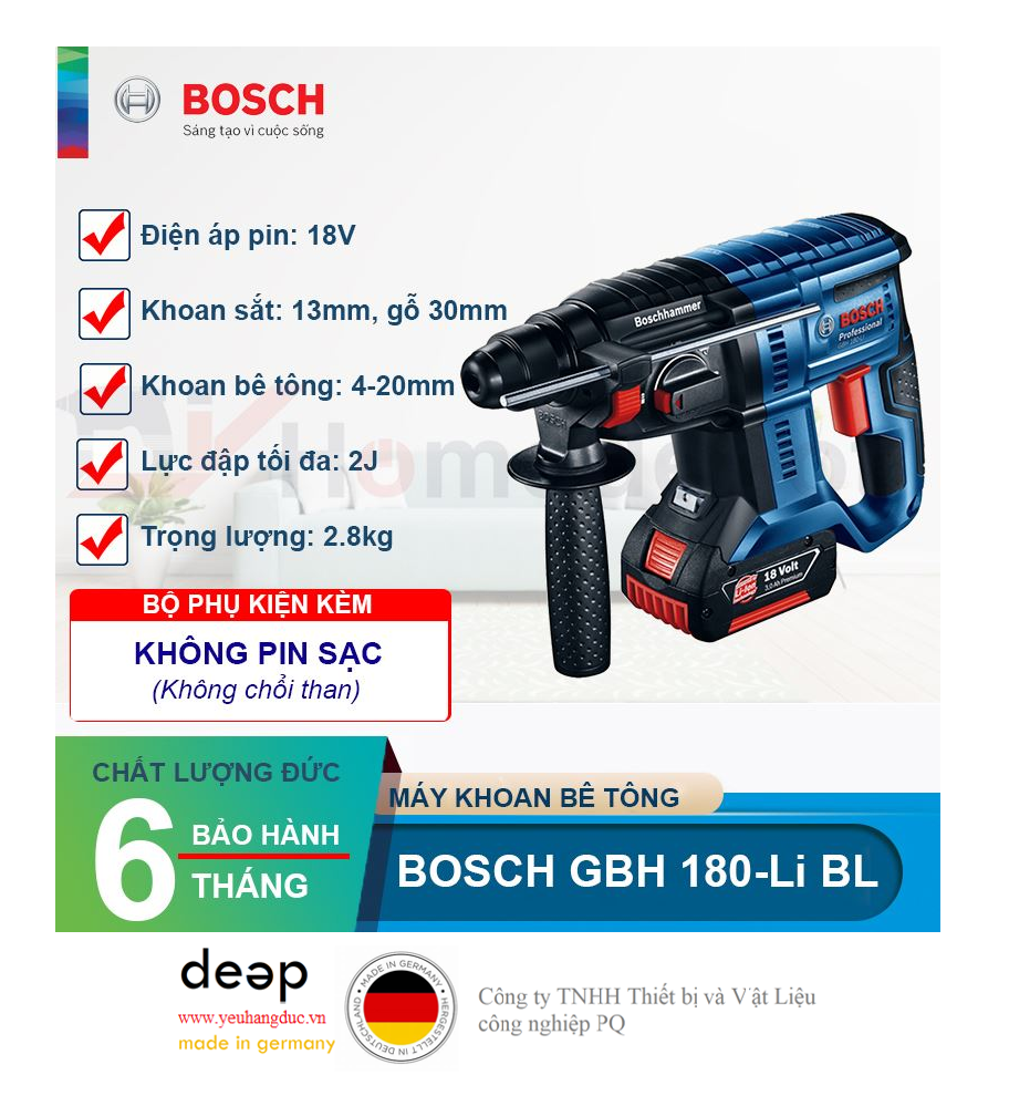 Máy khoan bê tông dùng pin Bosch GBH 180-Li BL (Solo)   Piqi4 | Www.Thietbinhapkhau.Com | Công Ty PQ 