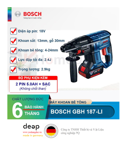  Máy khoan bê tông dùng pin Bosch GBH 187-LI 18V   Piqi4 | Www.Thietbinhapkhau.Com | Công Ty PQ 