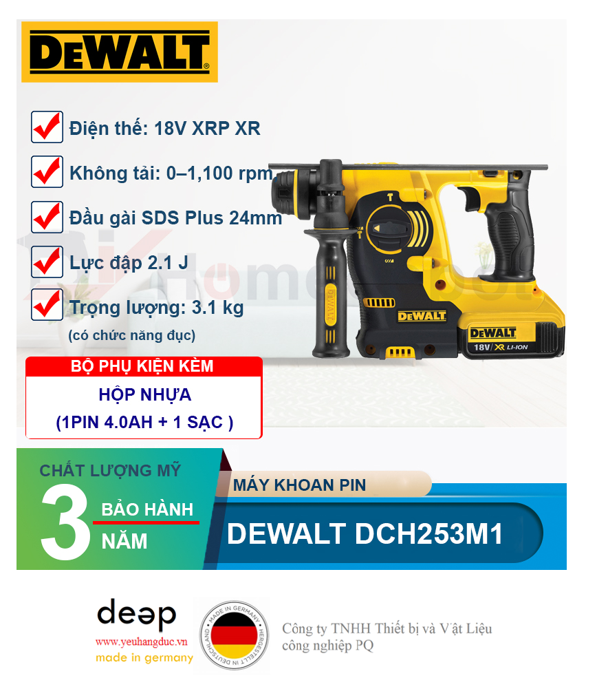 Máy khoan bê tông dùng pin Dewalt DCH253M1   Piqi4 | Www.Thietbinhapkhau.Com | Công Ty PQ 