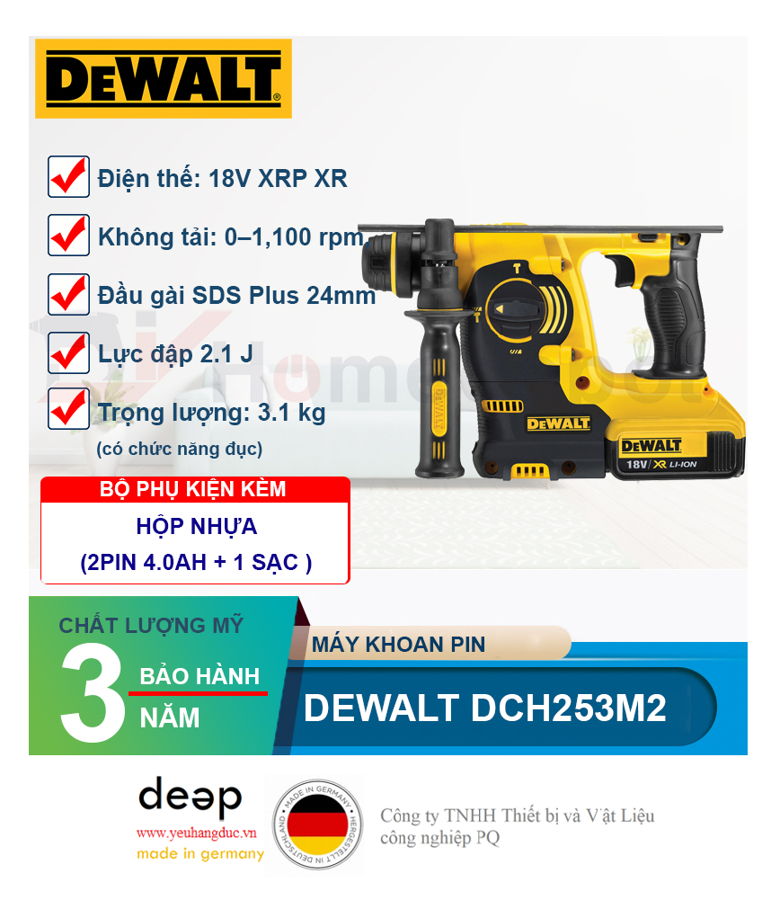 Máy khoan bê tông dùng pin Dewalt DCH253M2   Piqi4 | Www.Thietbinhapkhau.Com | Công Ty PQ 