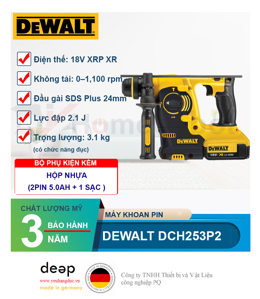 Máy khoan bê tông dùng pin Dewalt DCH253P2-KR   Piqi4 | Www.Thietbinhapkhau.Com | Công Ty PQ 