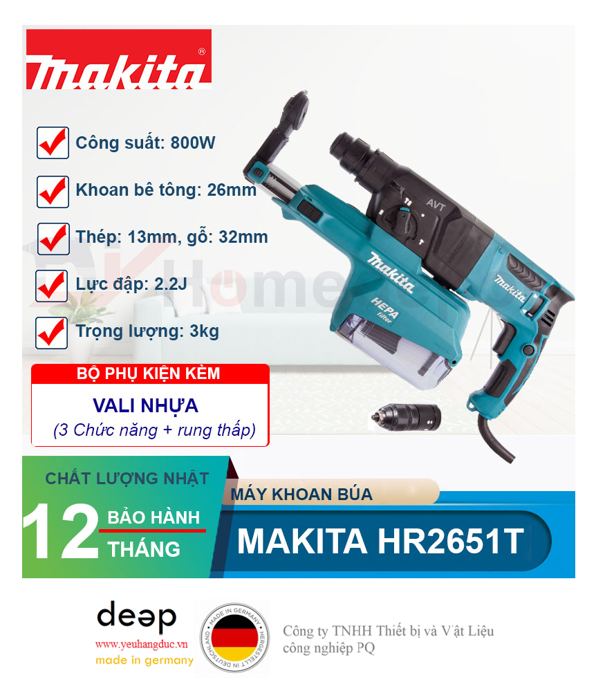 Máy khoan bê tông Makita HR2651T 800W   Piqi4 | Www.Thietbinhapkhau.Com | Công Ty PQ 
