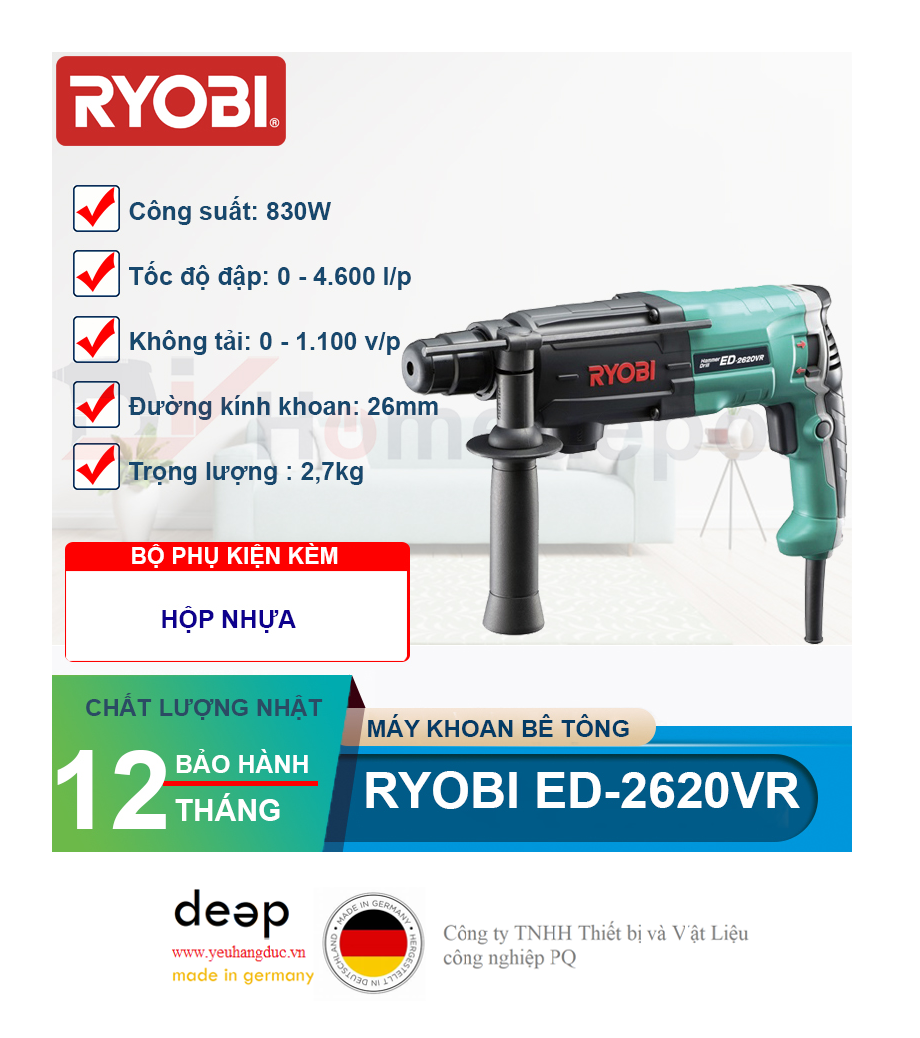 Máy khoan bê tông Ryobi ED-2620VR 820W   Piqi4 | Www.Thietbinhapkhau.Com | Công Ty PQ 