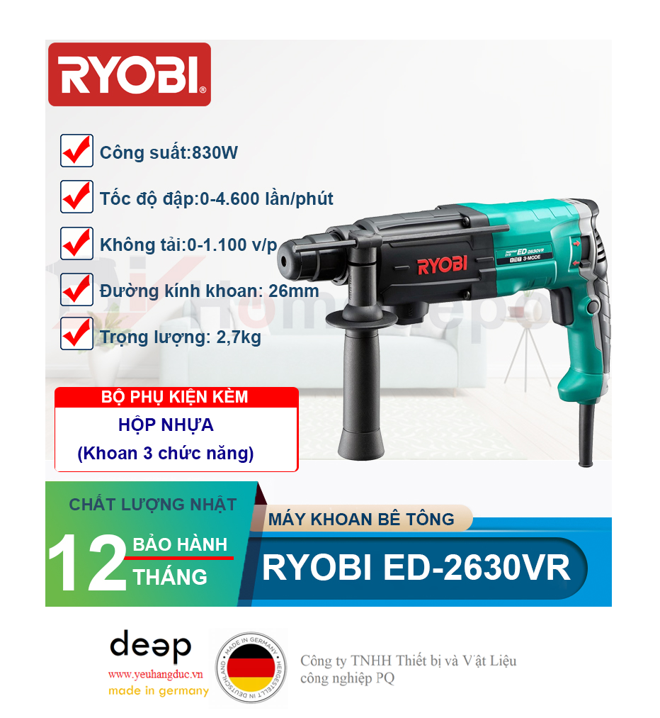 Máy khoan bê tông Ryobi ED-2630VR 830W   Piqi4 | Www.Thietbinhapkhau.Com | Công Ty PQ 