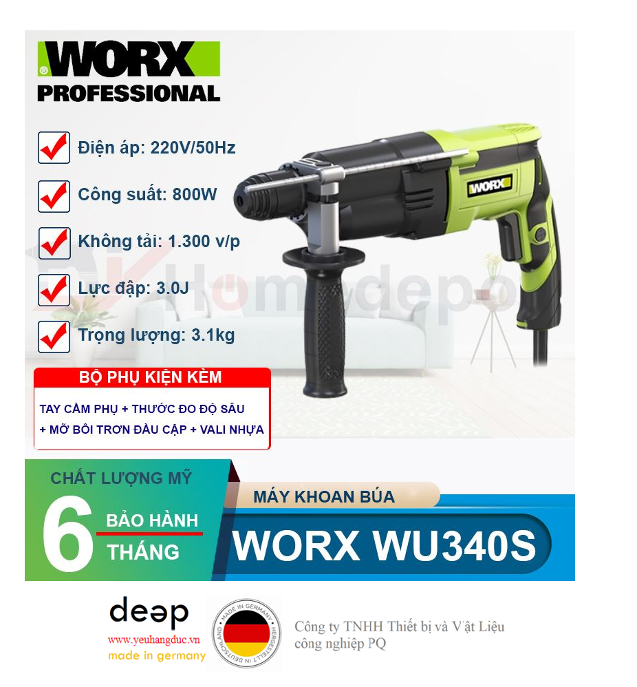 Máy khoan búa 800W Worx WU340S   Piqi4 | Www.Thietbinhapkhau.Com | Công Ty PQ 