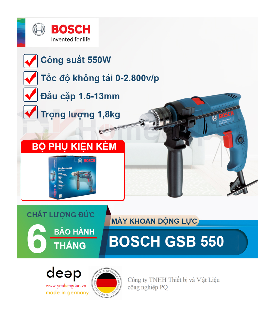 Máy khoan động lực Bosch GSB 550   Piqi4 | Www.Thietbinhapkhau.Com | Công Ty PQ 