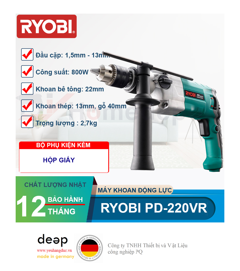 Máy khoan động lực Ryobi PD-220VR 800W   Piqi4 | Www.Thietbinhapkhau.Com | Công Ty PQ 