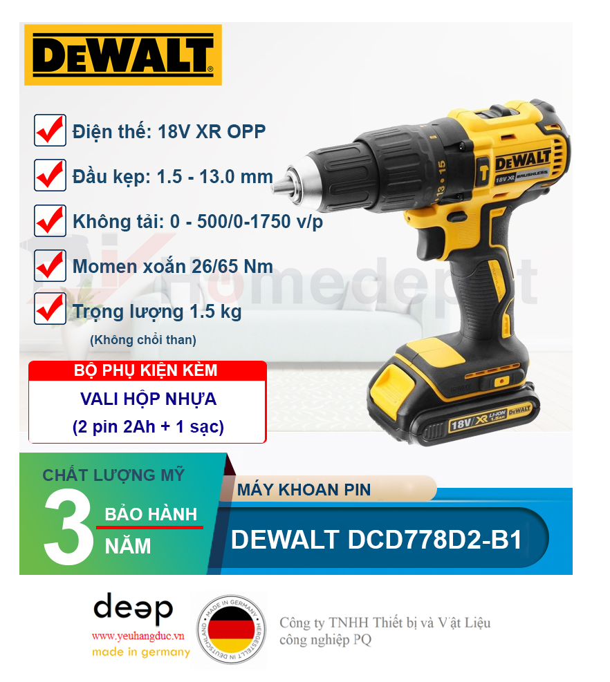 Máy khoan pin Dewalt DCD778D2-B1 18V   Piqi4 | Www.Thietbinhapkhau.Com | Công Ty PQ 
