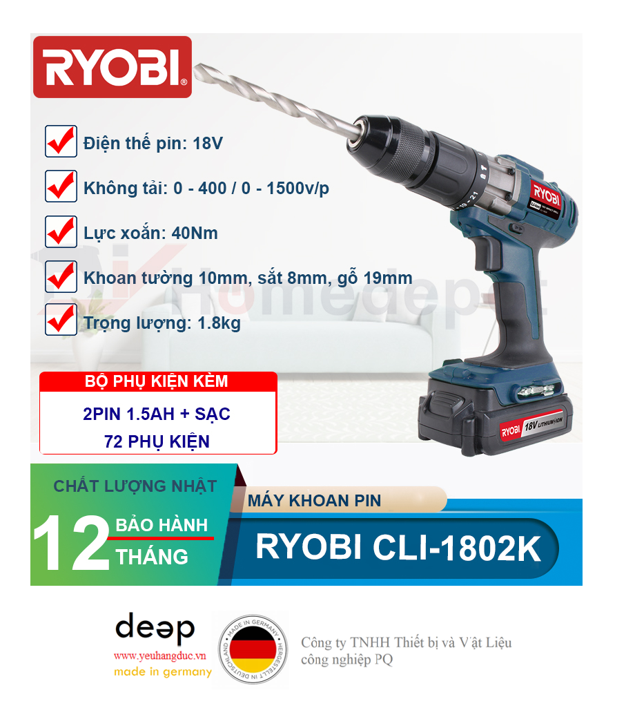 Máy khoan pin Ryobi CLI-1802K 18V   Piqi4 | Www.Thietbinhapkhau.Com | Công Ty PQ 