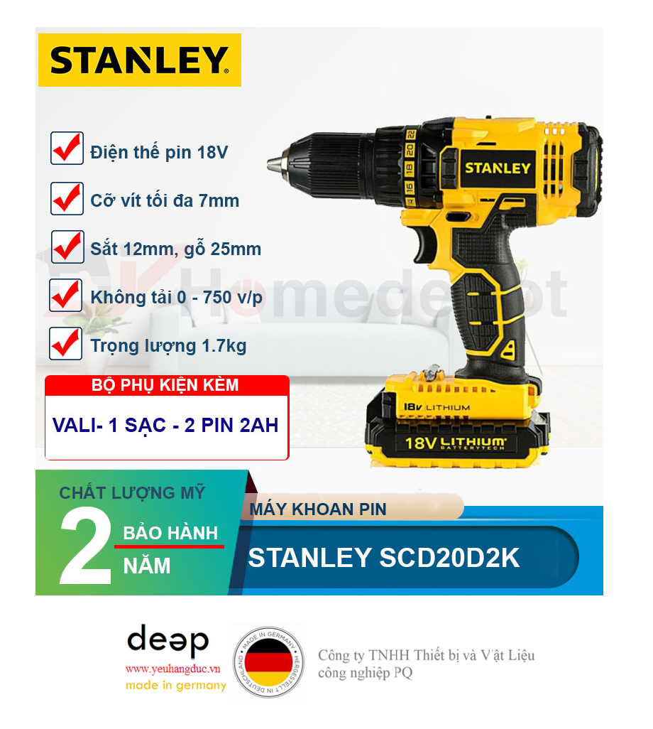 Máy khoan pin Stanley SCD20D2K 18V   Piqi4 | Www.Thietbinhapkhau.Com | Công Ty PQ 