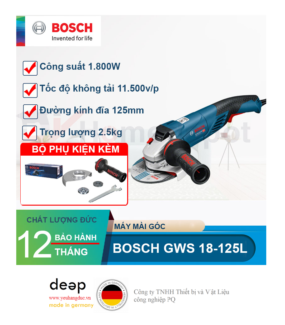 Máy mài góc Bosch GWS 18-125 L   Piqi4 | Www.Thietbinhapkhau.Com | Công Ty PQ 