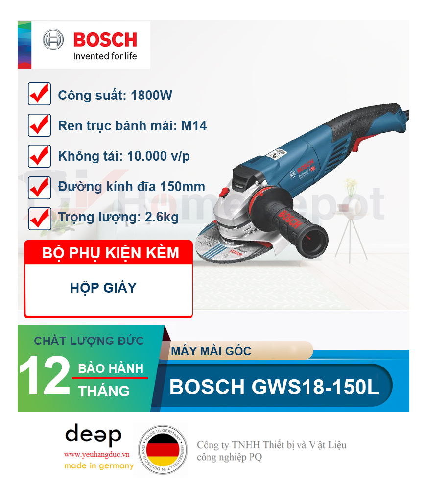 Máy mài góc Bosch GWS 18-150 L   Piqi4 | Www.Thietbinhapkhau.Com | Công Ty PQ 