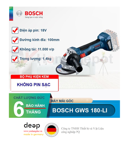  Máy Mài Góc Bosch GWS 180-LI (Solo)   Piqi4 | Www.Thietbinhapkhau.Com | Công Ty PQ 