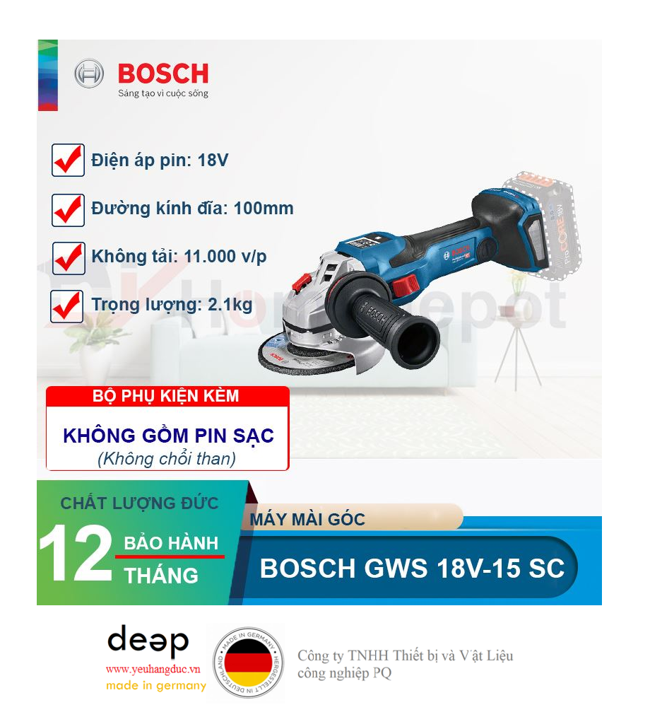 Máy mài góc dùng pin Bosch GWS 18V-15 SC 18V (Solo)   Piqi4 | Www.Thietbinhapkhau.Com | Công Ty PQ 