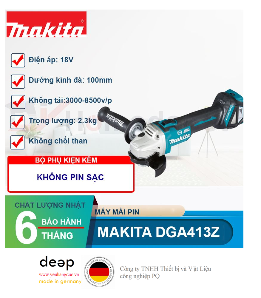 Máy mài góc dùng pin Makita DGA413Z 18V   Piqi4 | Www.Thietbinhapkhau.Com | Công Ty PQ 