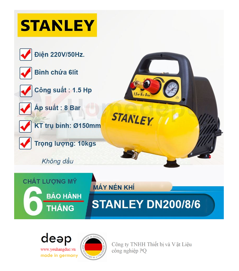 Máy nén khí không dầu 6 lít Stanley DN200/8/6   Piqi4 | Www.Thietbinhapkhau.Com | Công Ty PQ 