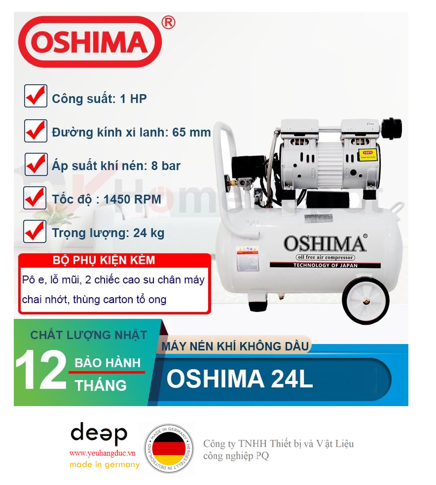 Máy nén khí không dầu Oshima 24L   Piqi4 | Www.Thietbinhapkhau.Com | Công Ty PQ 
