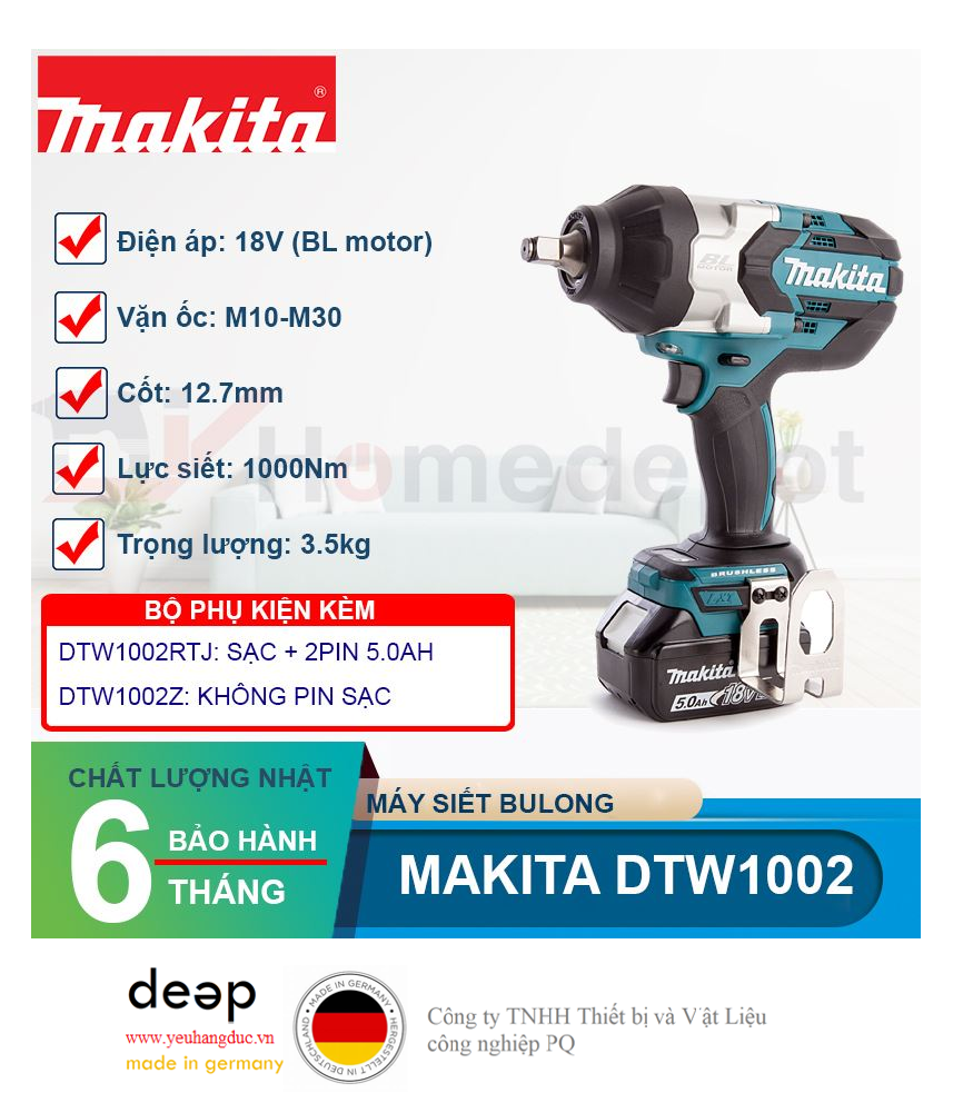 Máy siết bu lông dùng pin Makita DTW1002RTJ 18V   Piqi4 | Www.Thietbinhapkhau.Com | Công Ty PQ 
