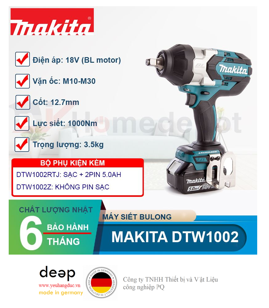 Máy siết bu lông dùng pin Makita DTW1002Z 18V   Piqi4 | Www.Thietbinhapkhau.Com | Công Ty PQ 