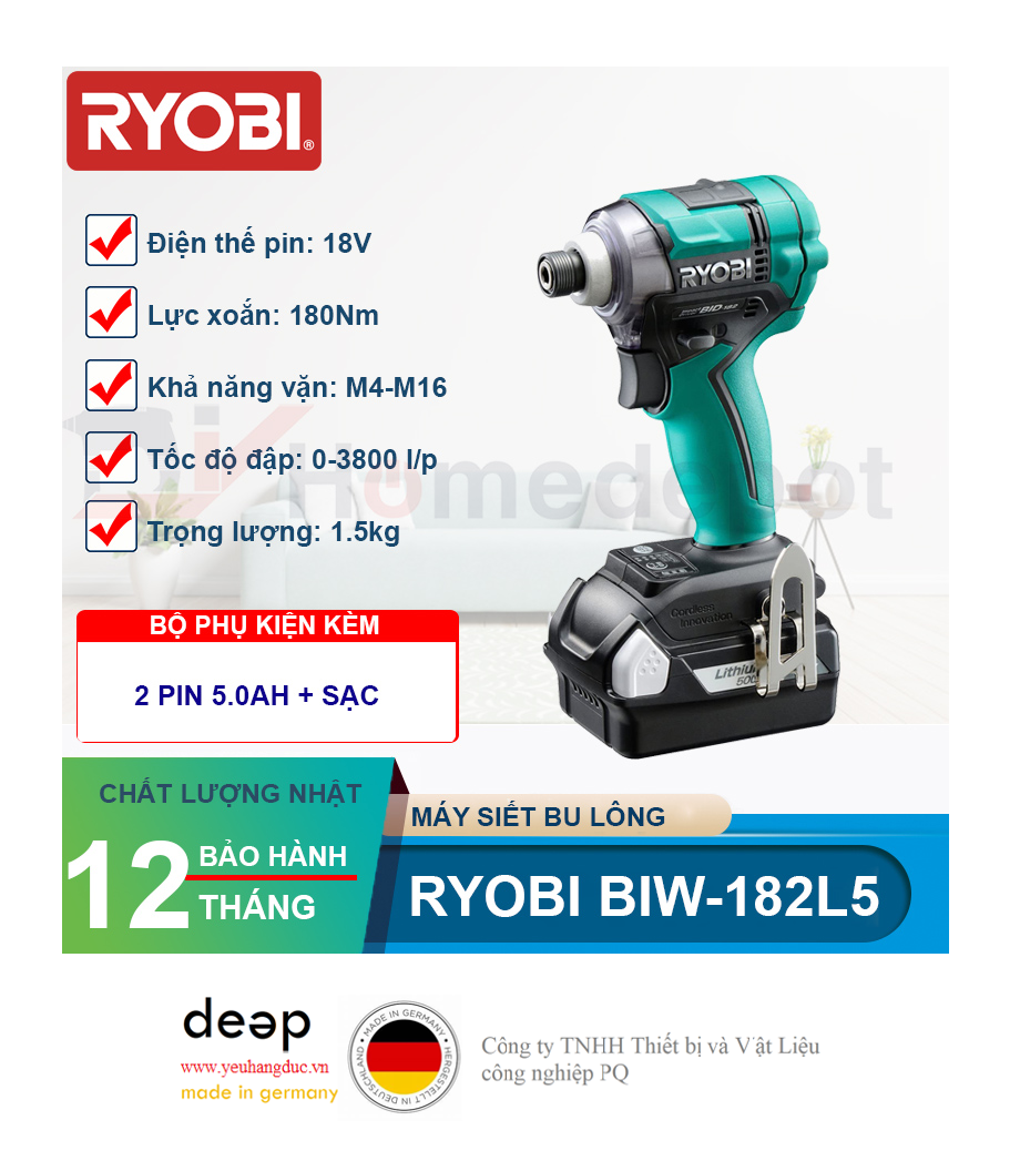 Máy siết bu lông dùng pin Ryobi BIW-182L5   Piqi4 | Www.Thietbinhapkhau.Com | Công Ty PQ 