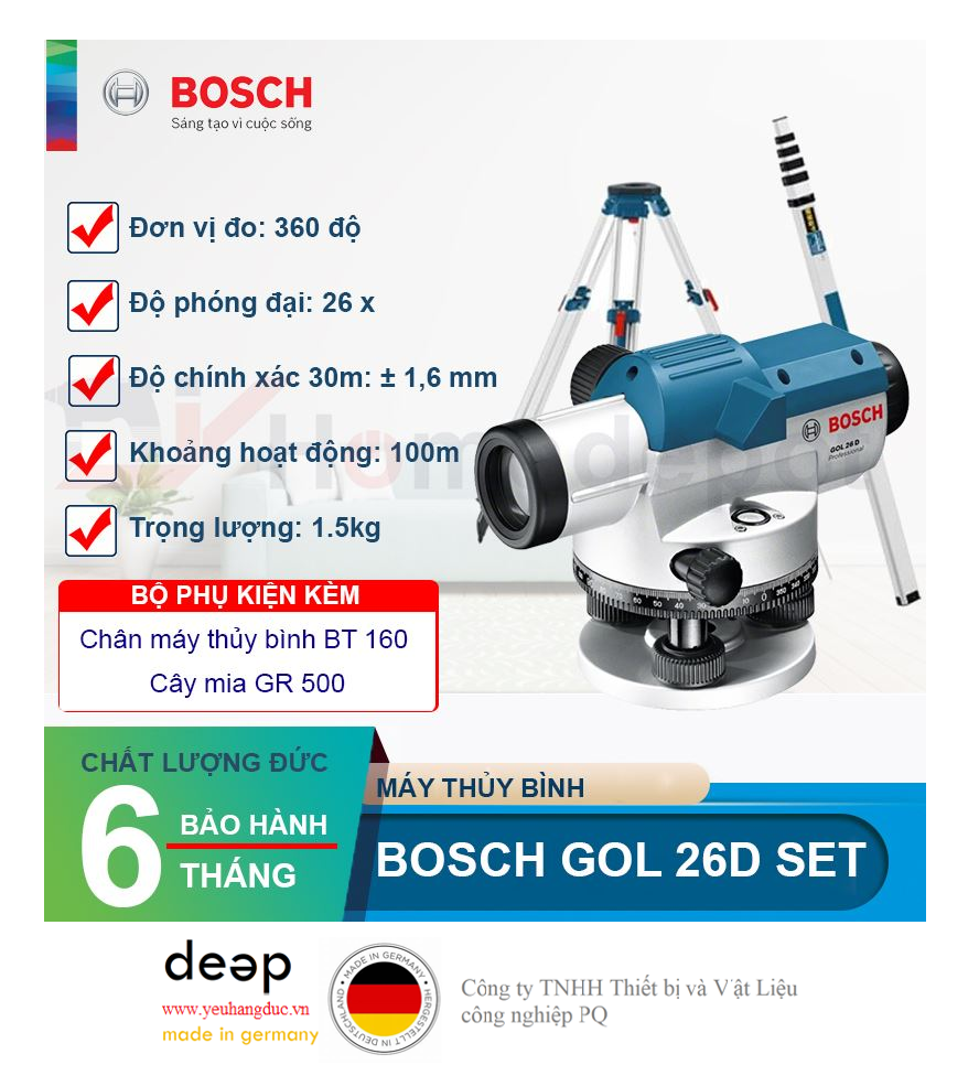 Máy thủy bình Bosch GOL 26 D +BT 160 + GR 500   Piqi4 | Www.Thietbinhapkhau.Com | Công Ty PQ 