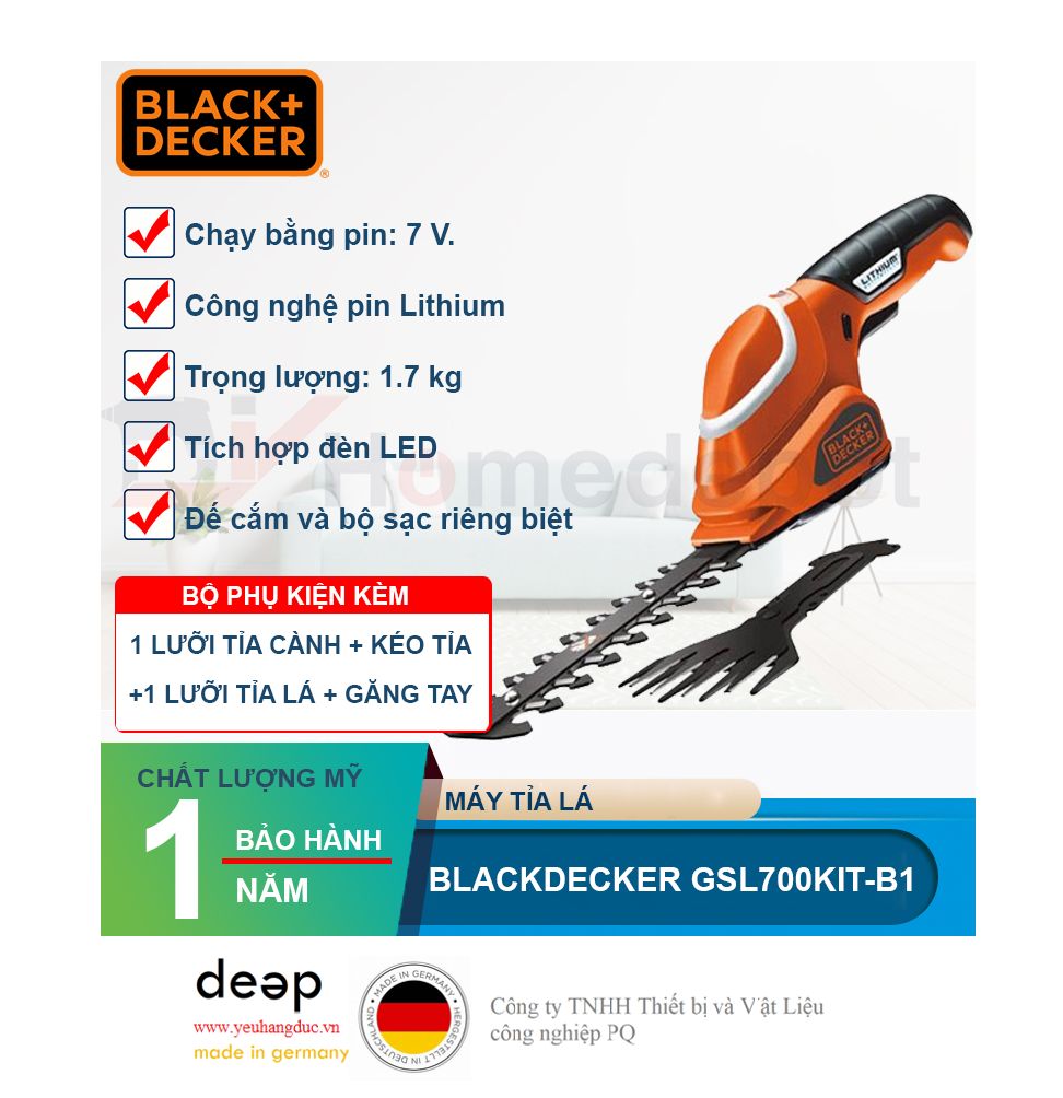 Máy tỉa cành dùng pin Black&Decker GSL700KIT   Piqi4 | Www.Thietbinhapkhau.Com | Công Ty PQ 