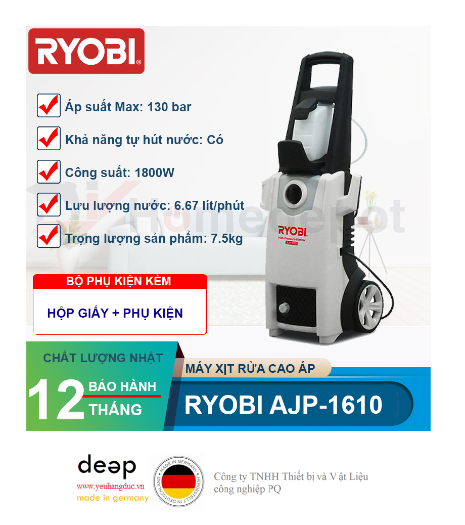 Máy xịt rửa cao áp Ryobi AJP-1610   Piqi4 | Www.Thietbinhapkhau.Com | Công Ty PQ 