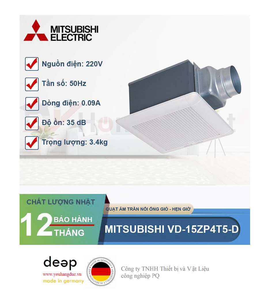 Quạt âm trần nối ống gió-hẹn giờ Mitsubishi VD-15ZP4T5-D   Piqi4 | Www.Thietbinhapkhau.Com | Công Ty PQ 