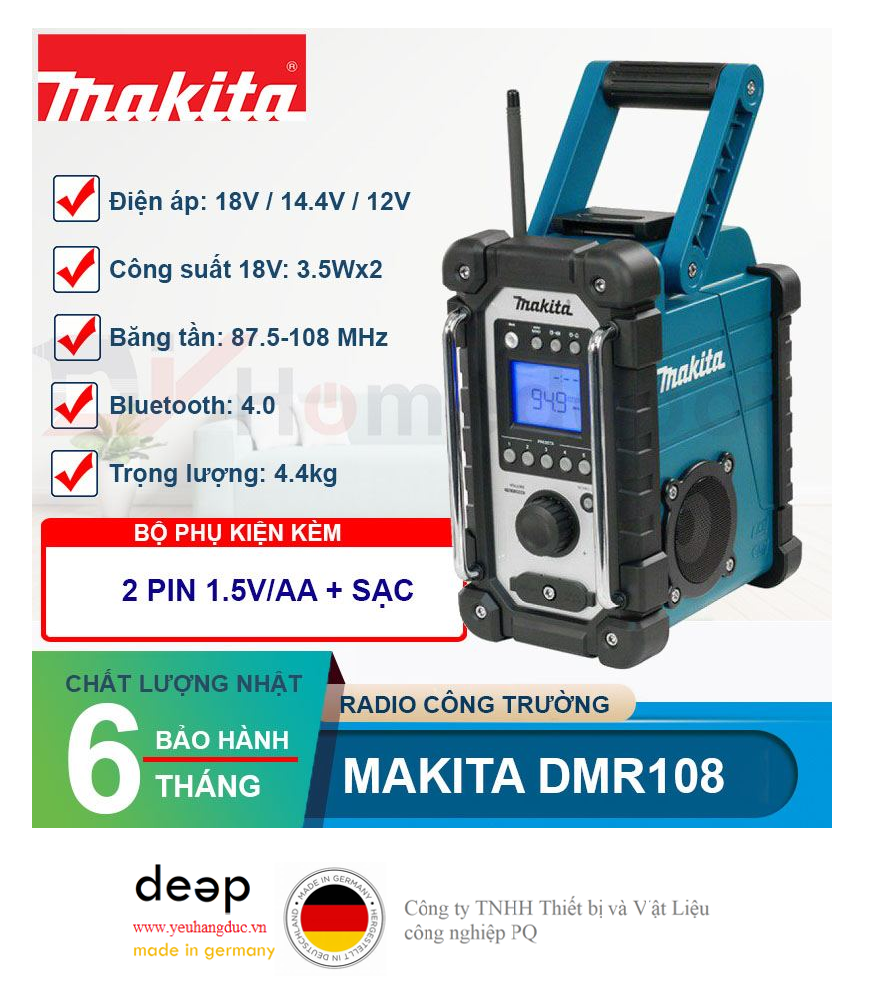 Radio công trường dùng pin Makita DMR108   Piqi4 | Www.Thietbinhapkhau.Com | Công Ty PQ 