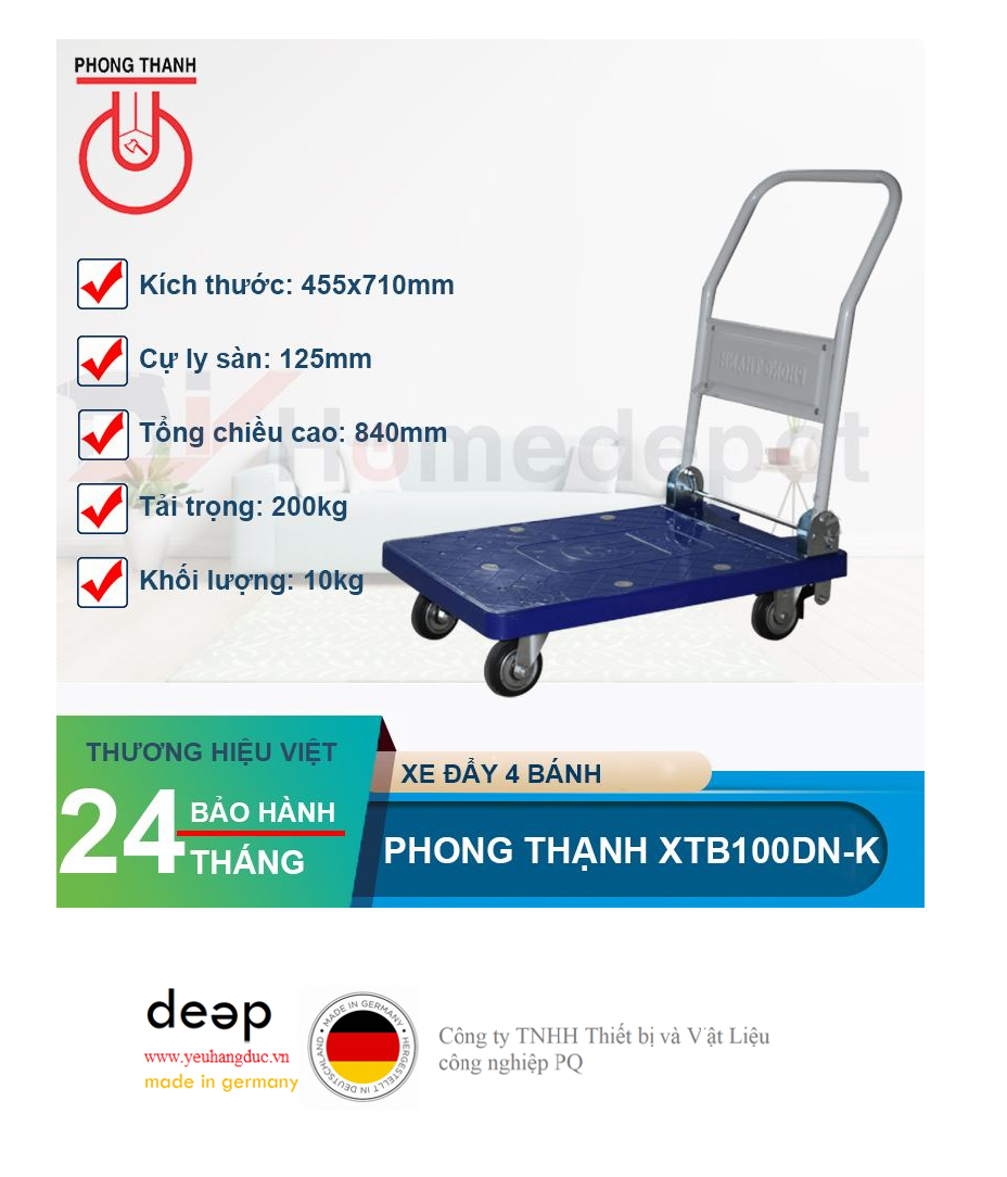 Xe đẩy 4 bánh Phong Thạnh XTB100DN-K   Piqi4 | Www.Thietbinhapkhau.Com | Công Ty PQ 