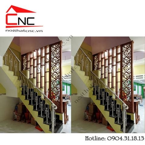  Thi công vách cnc kết hợp lam gỗ cầu thang - 787 