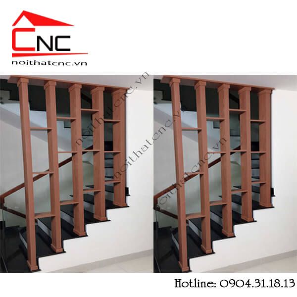 Thi công vách cnc kết hợp lam gỗ cầu thang  - 633