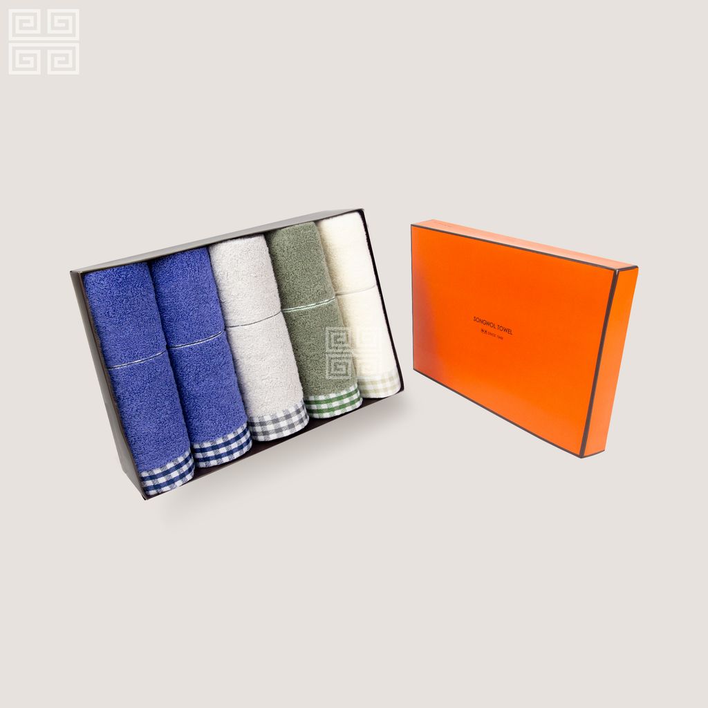 KHĂN QUÀ TẶNG COTTON 5P LINE CHECK - HỘP 5 KHĂN MẶT