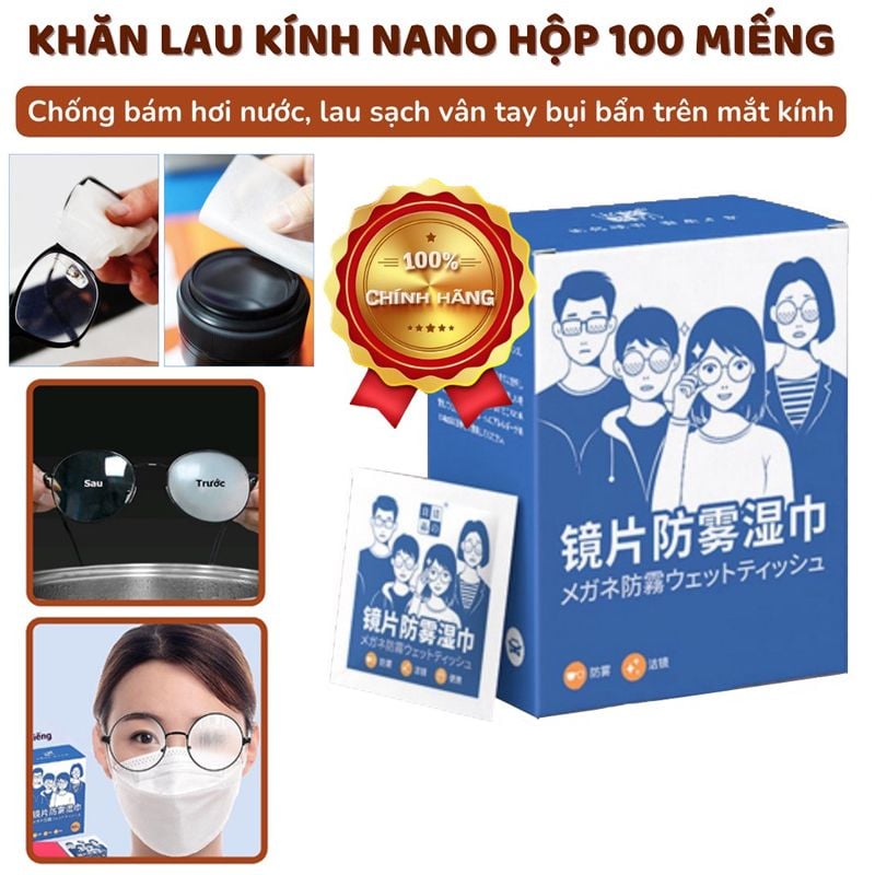 Khăn lau kính Nano - Hộp 100 miếng giấy lau chống bám hơi nước bụi bẩn