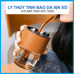 Ly thủy tinh hổ phách bọc da có ống hút và nắp đậy Gorgous 350ml