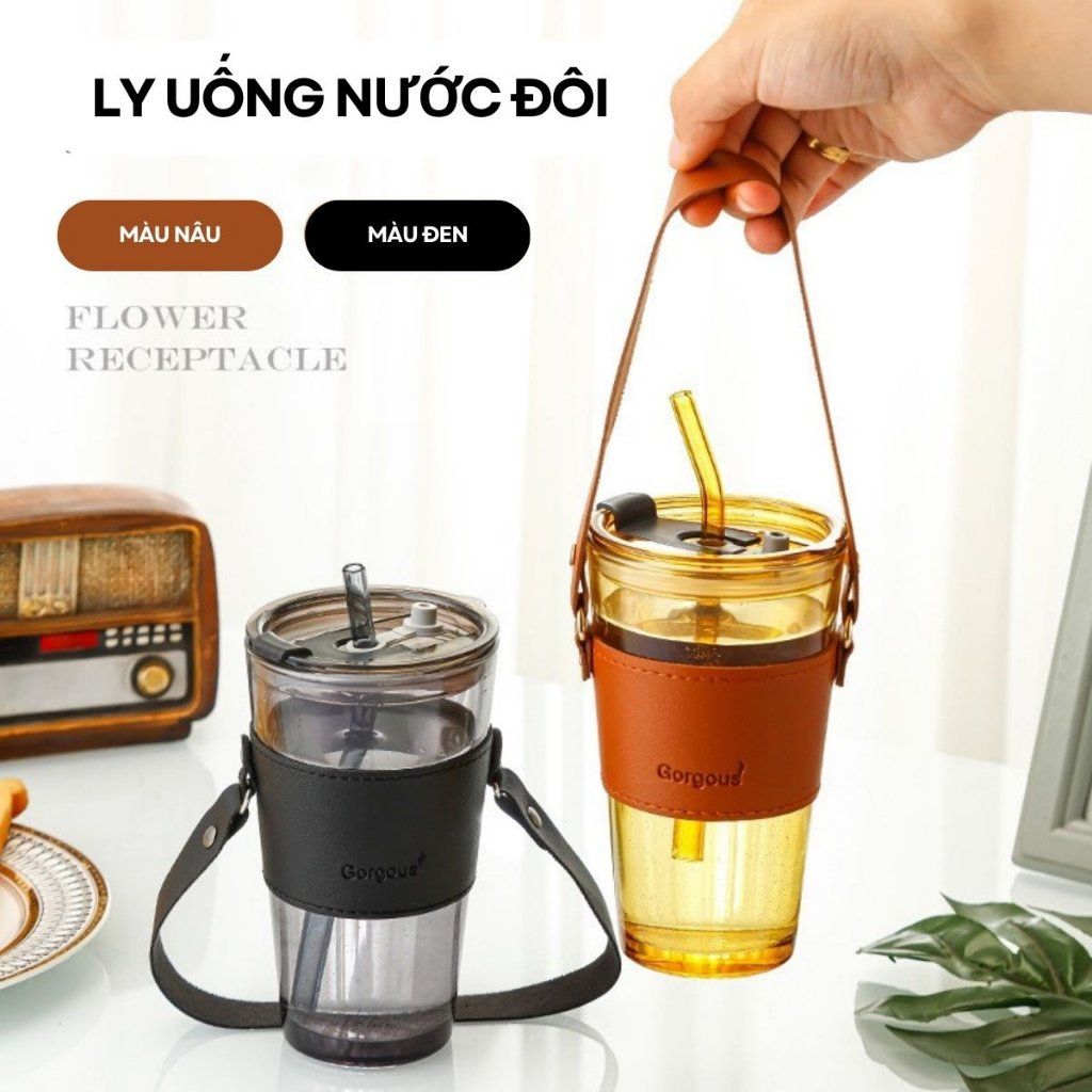 Ly thuỷ tinh GorGous bọc da kèm ống hút 450ml có quai xách