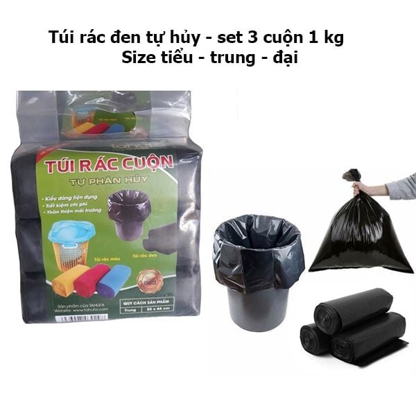 Túi 3 cuộn rác đen size tiểu trung đại (1 cuộn/1 kg)